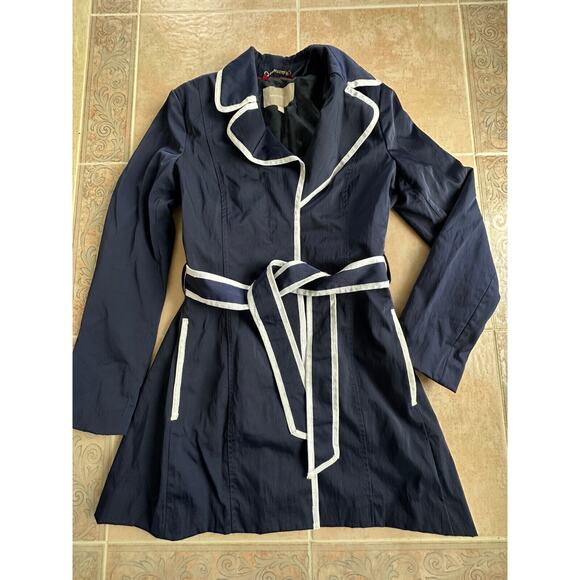 Banana Republic Trench Coat Navy White Ribbon Trim Belted Pocket Women size S - Picture 2 of 13